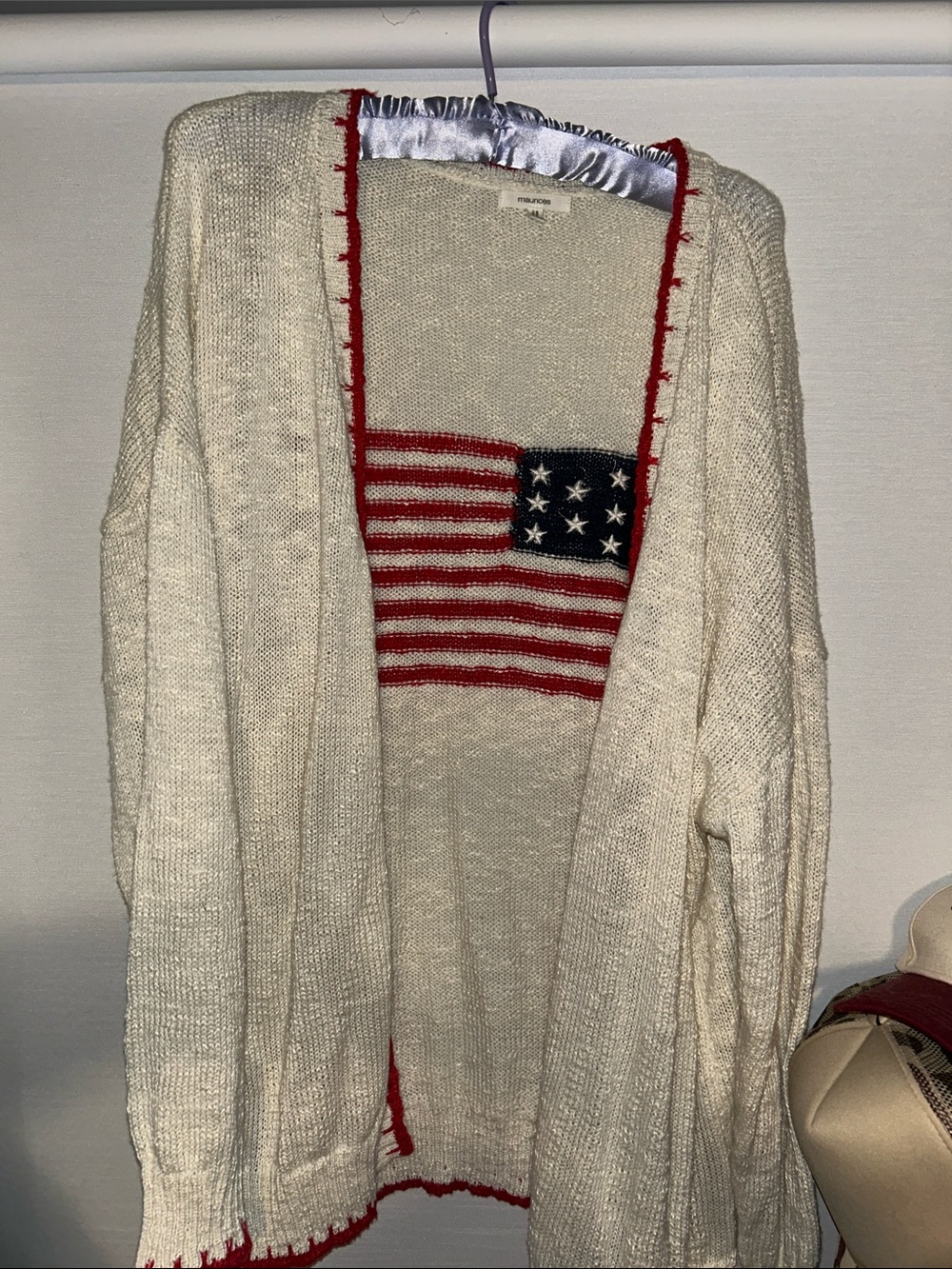 Maurices Cream Open Cardigan with Red & Blue Flag Detail